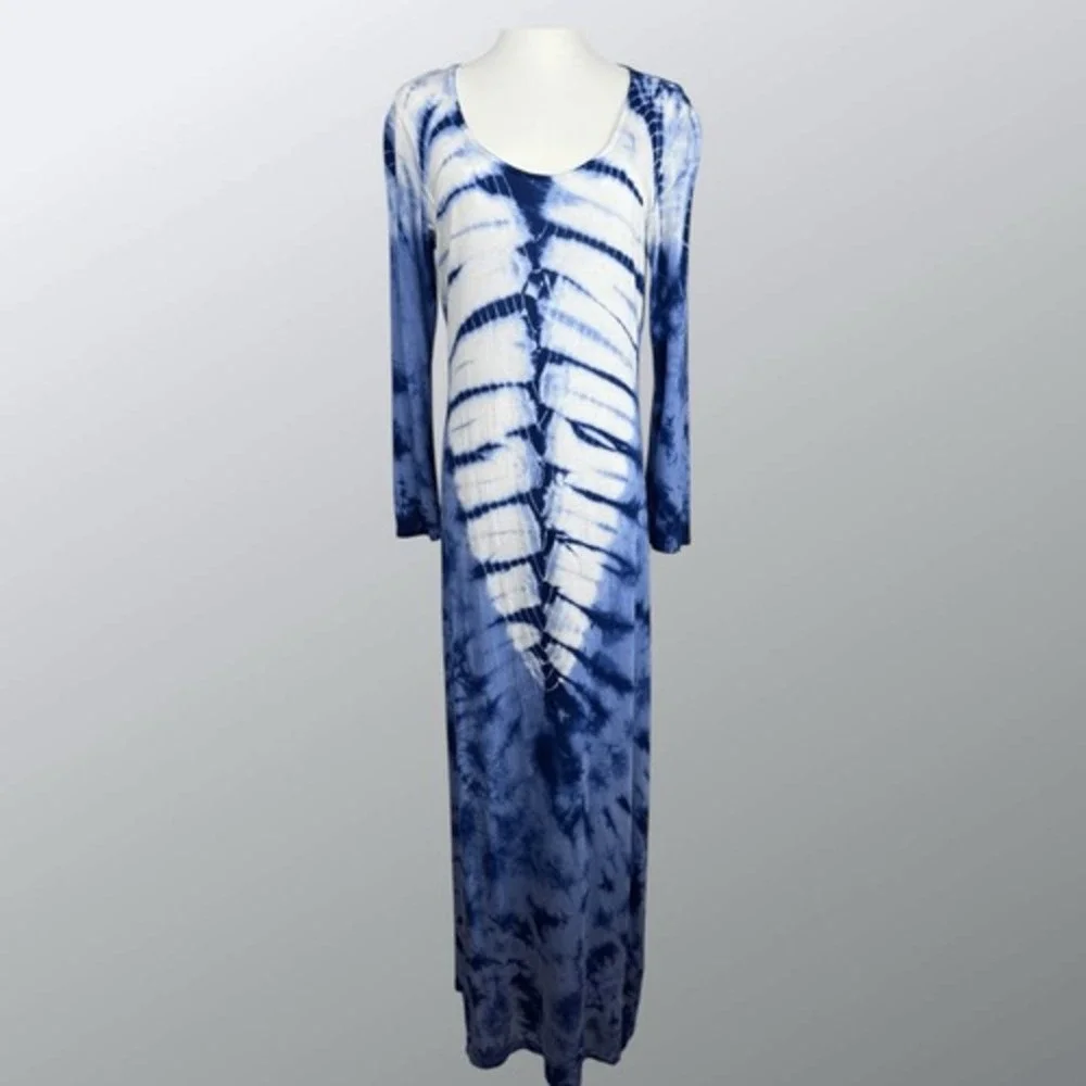 Romeo & Juliet Couture Womens Tie Dye Maxi Dress Size L Blue White‎ Boho Resort - Picture 12 of 16